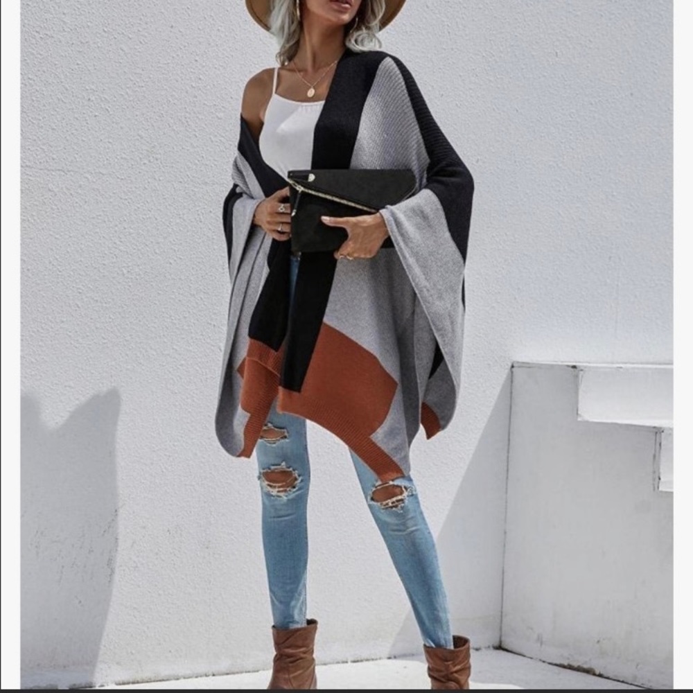 Open Front Color Block Batwing Ruana